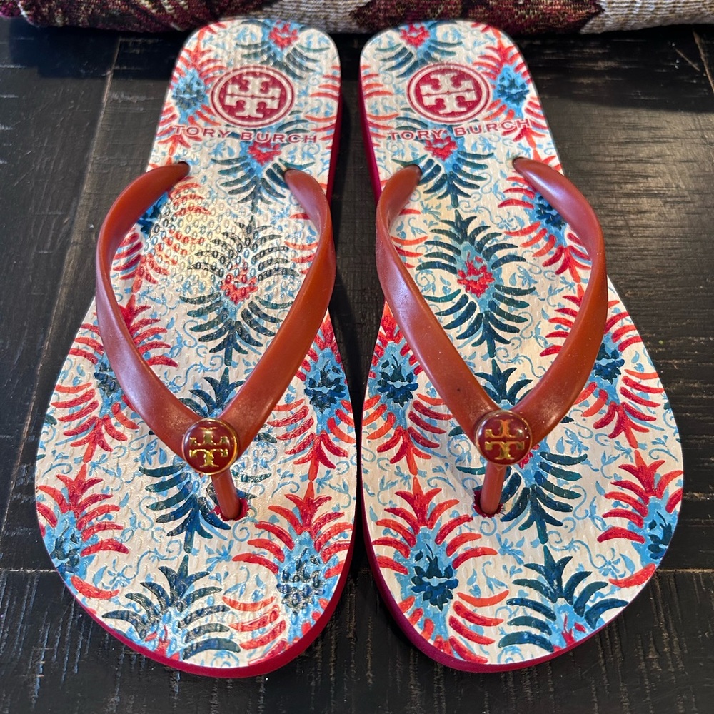 Tory Burch Red and Blue Patterned Flip Flops Sandals